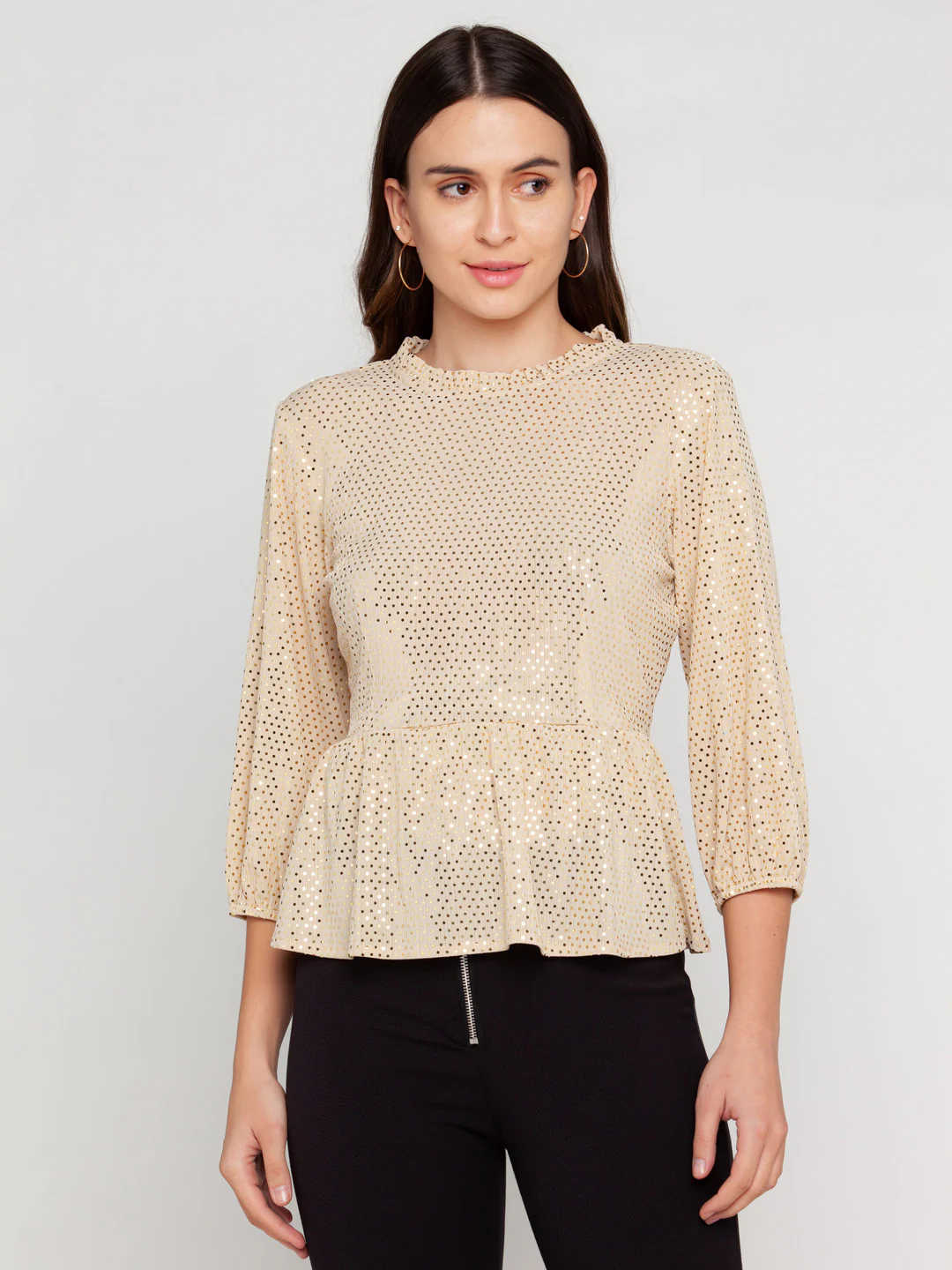 Beige Embellished Puff Sleeve Top - Image 2