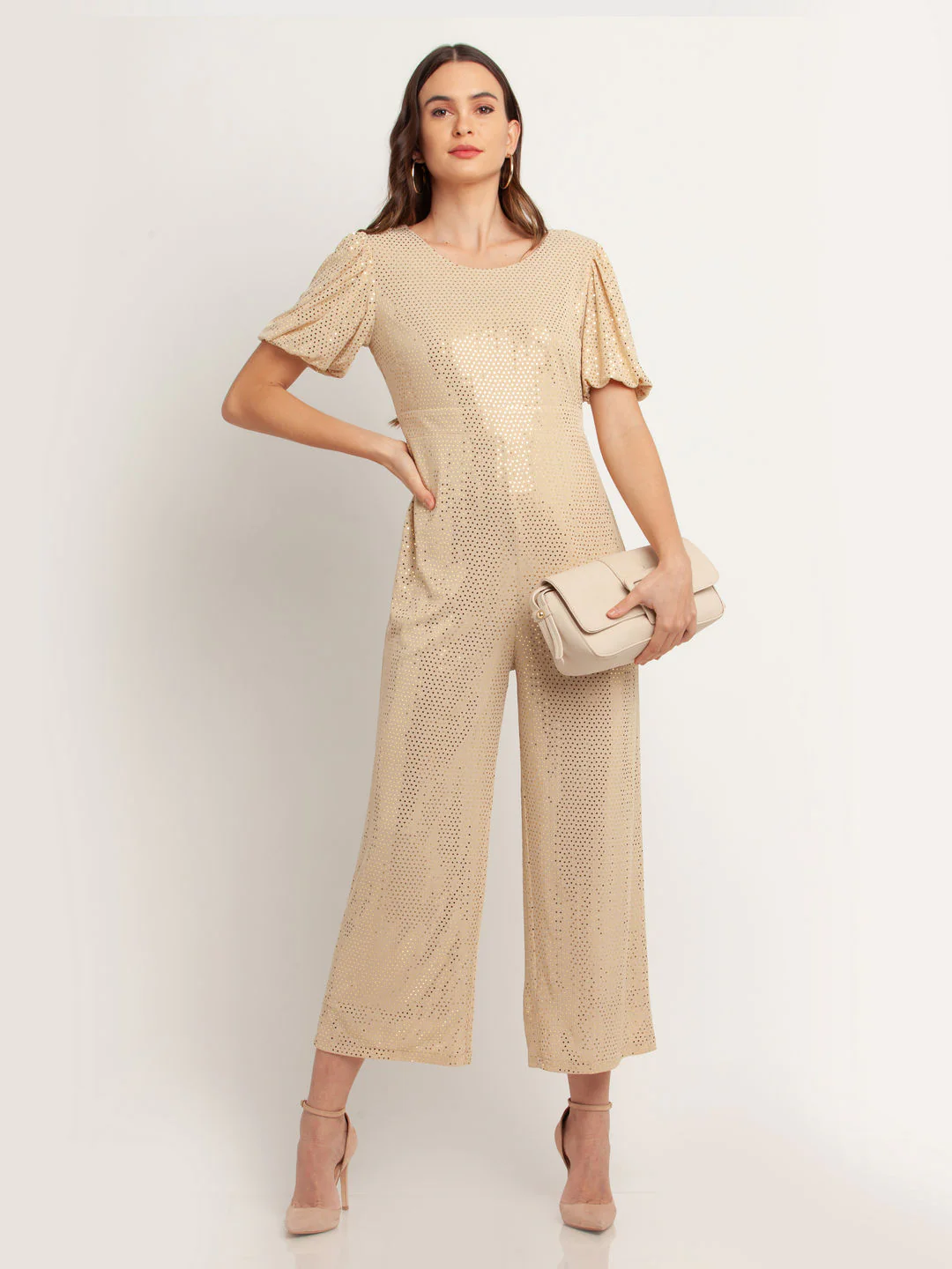 Beige Embellished Tie-Up Jumpsuit