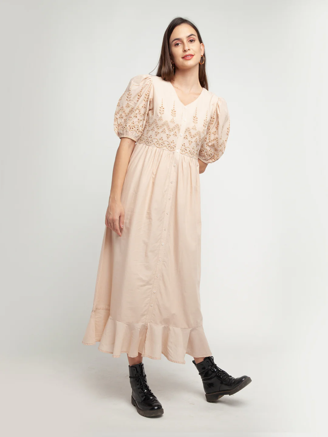 Beige Embroidered Shirt Dress Maxi Dress