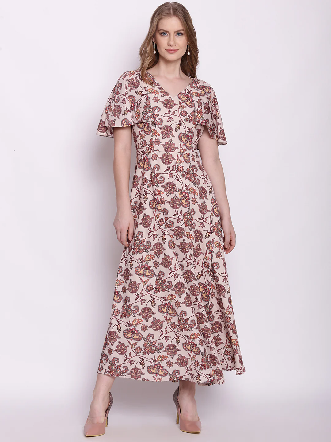 Beige Floral Print Fit & Flare Maxi Dress
