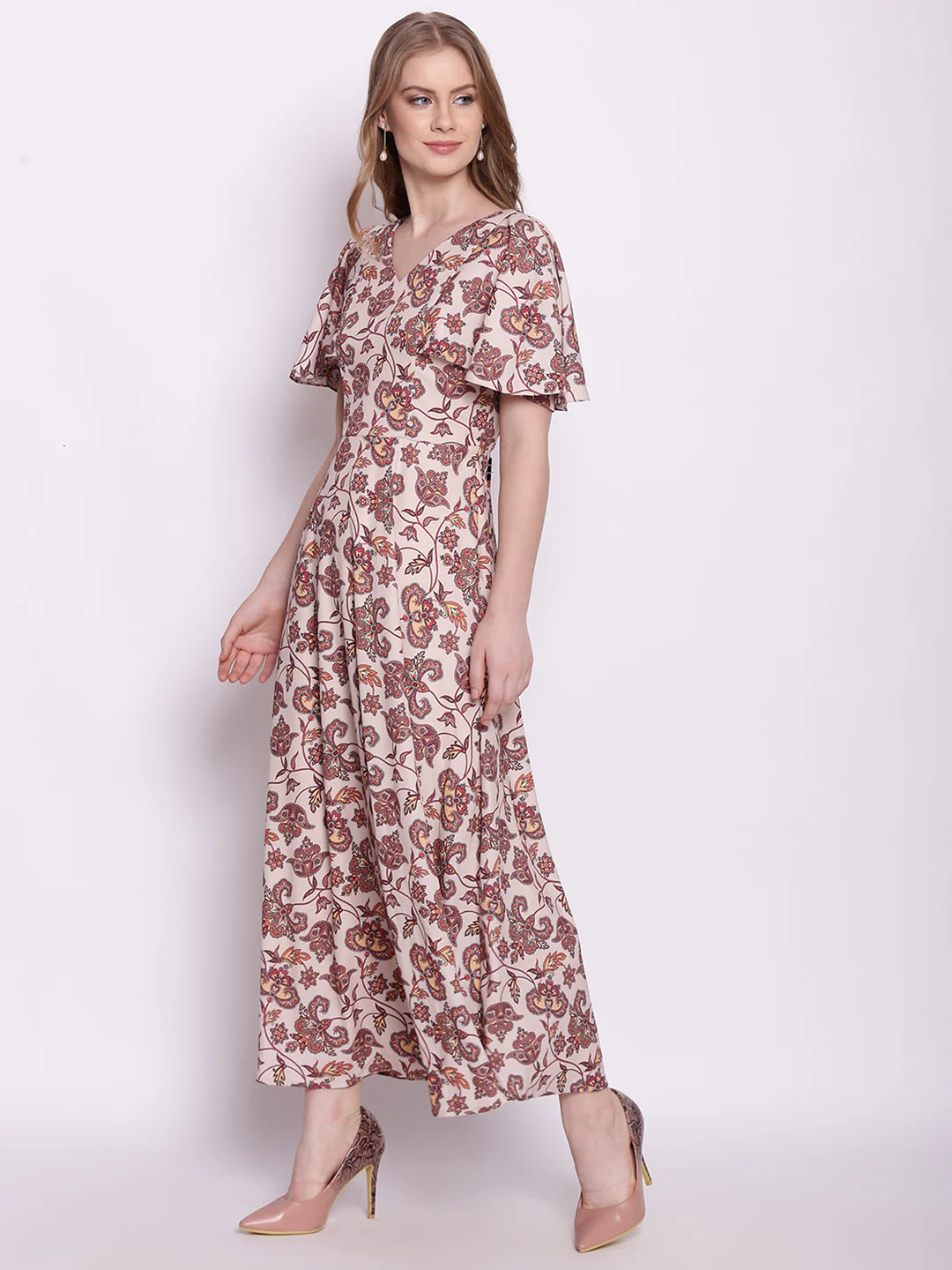 Beige Floral Print Fit & Flare Maxi Dress - Image 2