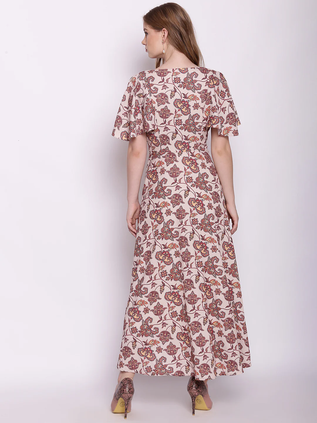 Beige Floral Print Fit & Flare Maxi Dress - Image 3