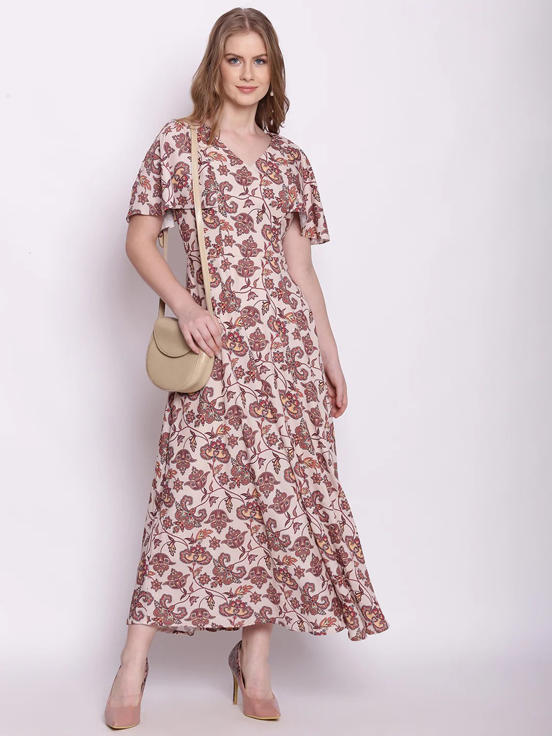 Beige Floral Print Fit & Flare Maxi Dress - Image 4