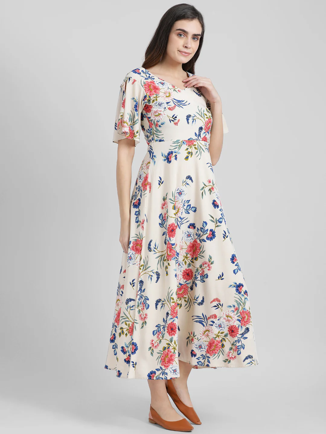 Beige Floral Printed Fit & Flare Dress - Image 4