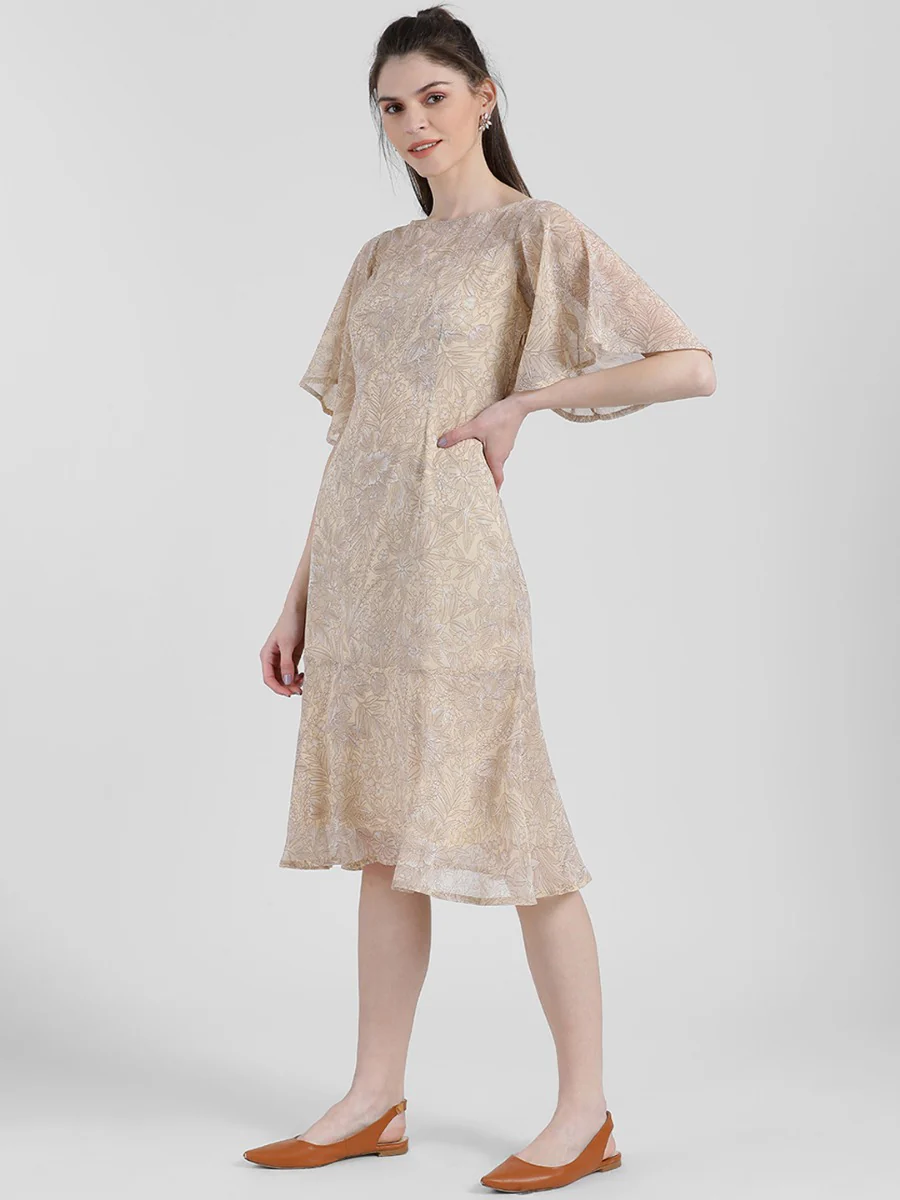 Cream Floral Print Flared Sleeve Midi Dress - Image 2