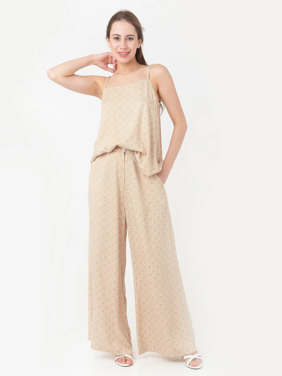 Beige Geometric Print Flared Trouser