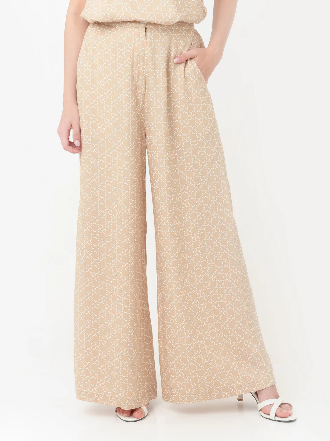 Beige Geometric Print Flared Trouser - Image 2