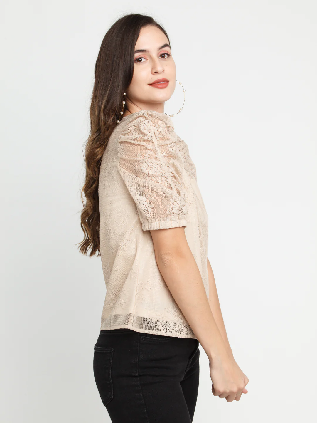 Beige Lace Puff Sleeve Top - Image 3