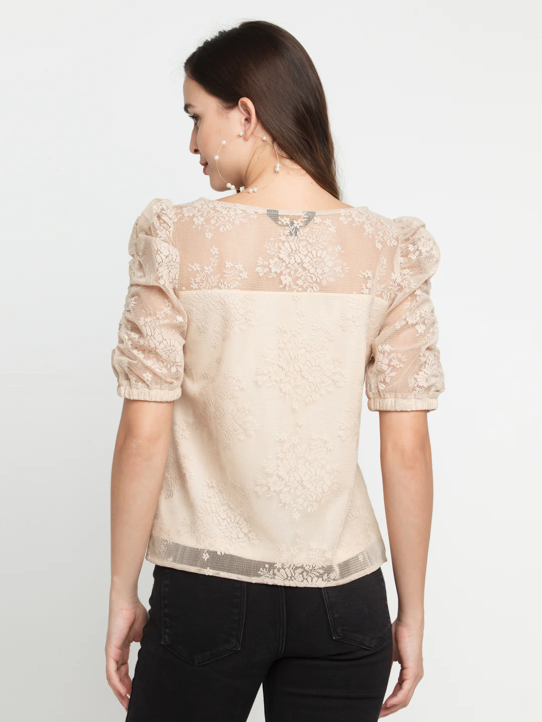 Beige Lace Puff Sleeve Top - Image 4