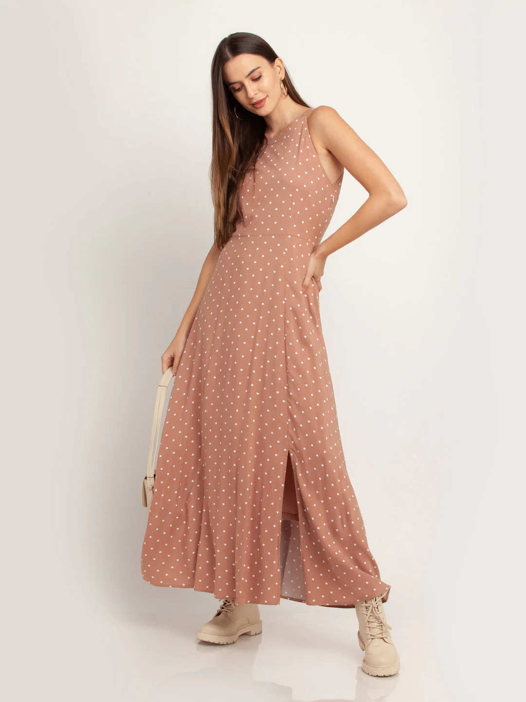 Beige Polka Maxi Dress