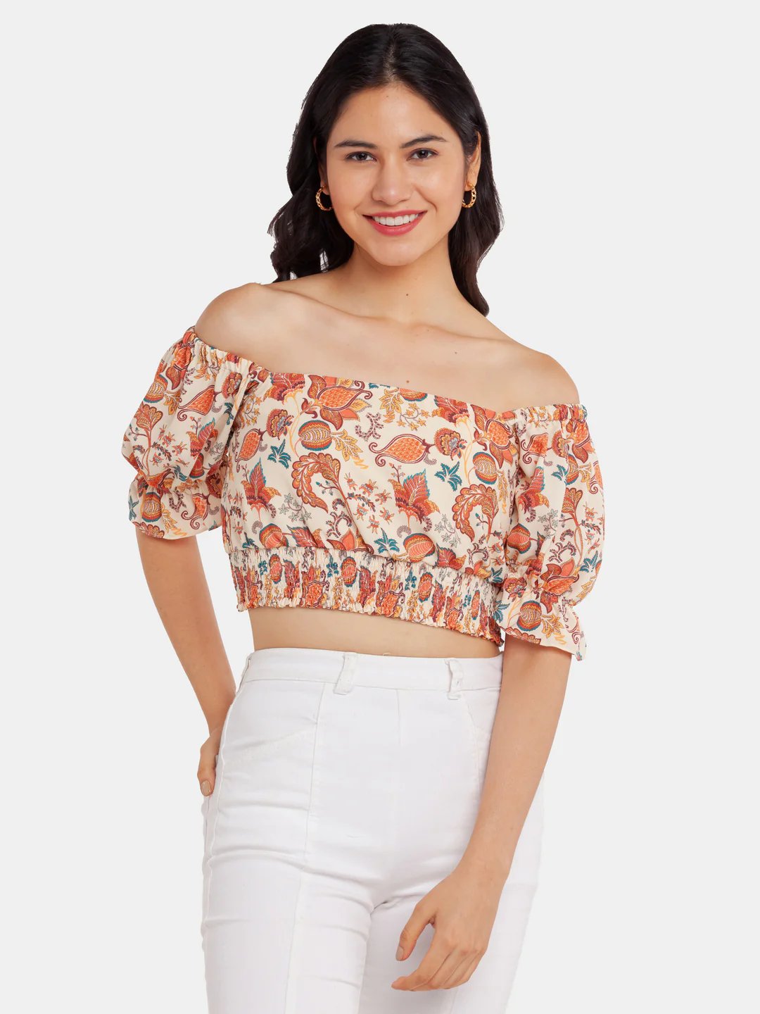 Beige Printed Crop Top - Image 2