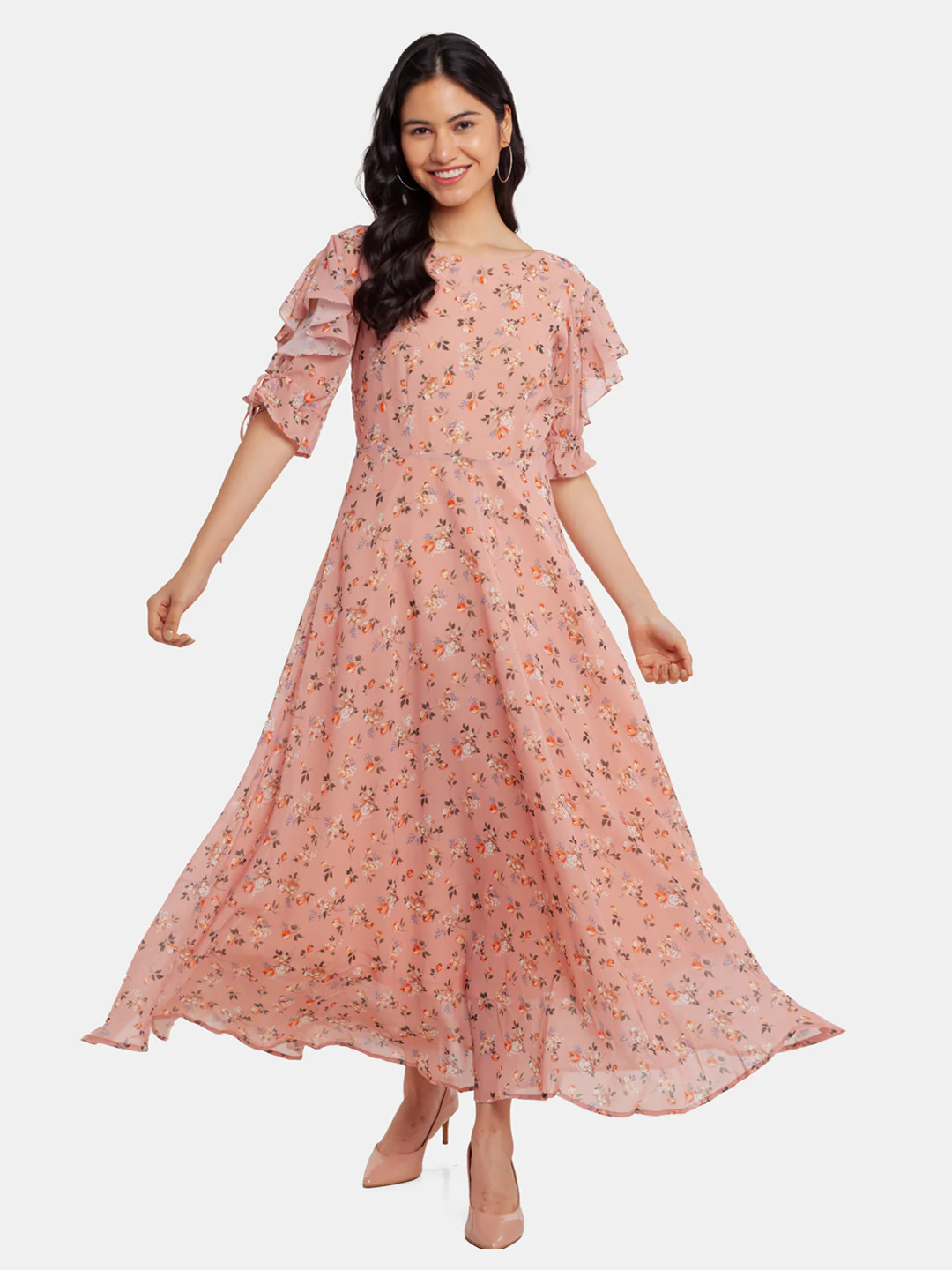 Beige Printed Flared Sleeve Maxi Dress