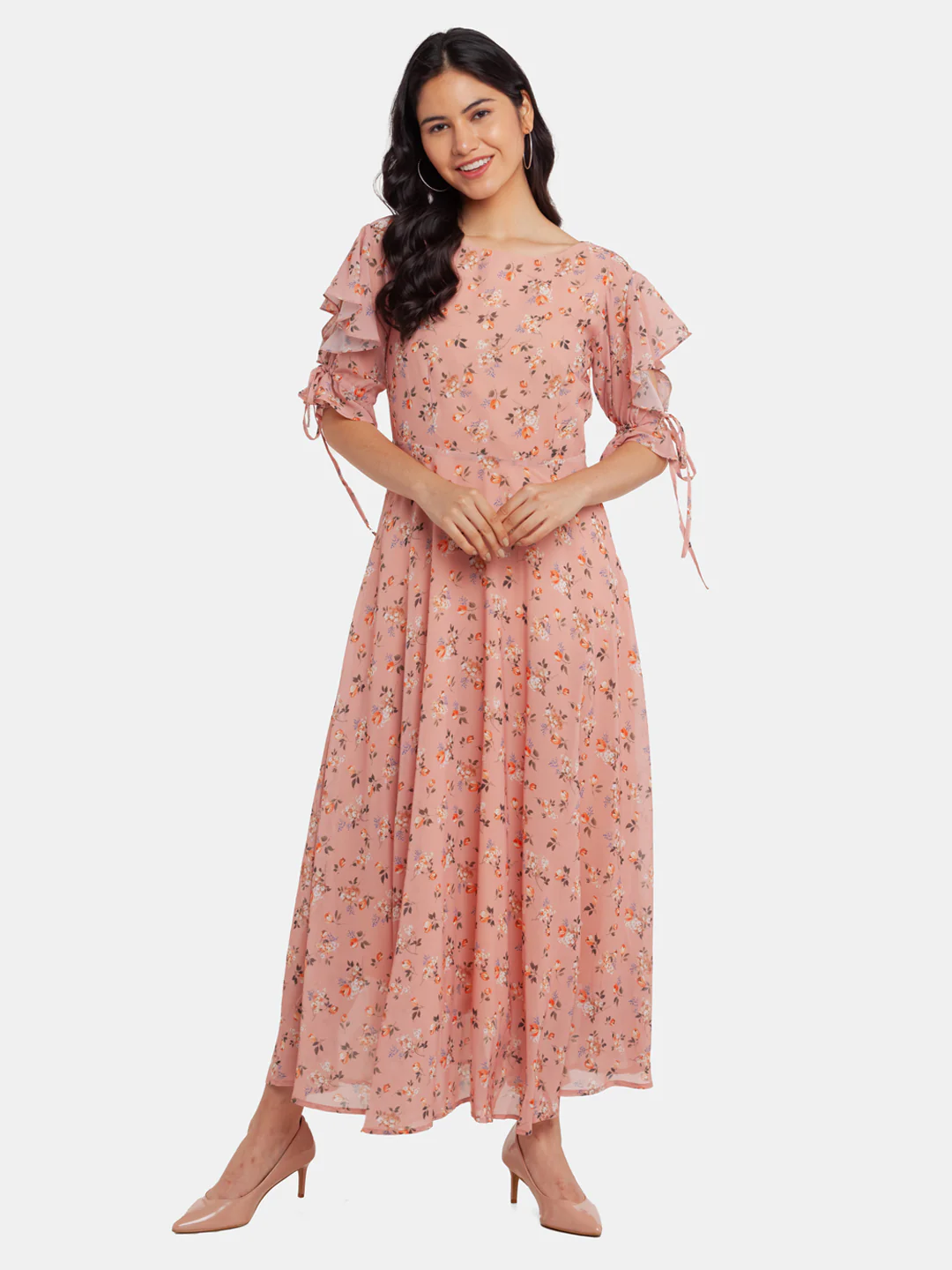 Beige Printed Flared Sleeve Maxi Dress - Image 2