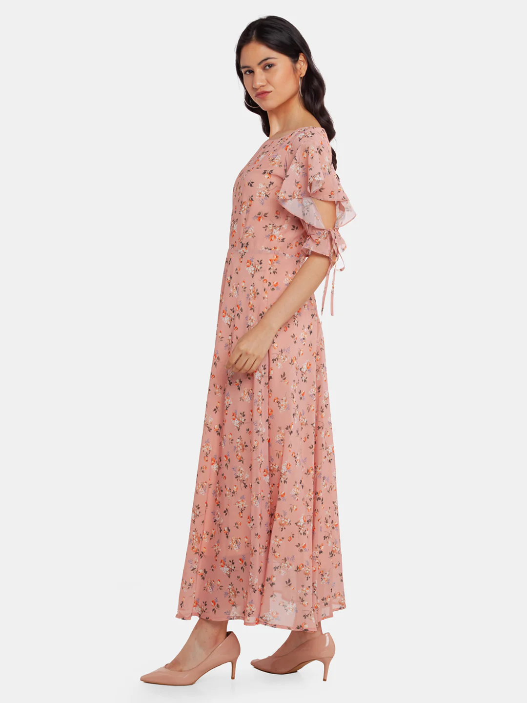 Beige Printed Flared Sleeve Maxi Dress - Image 3