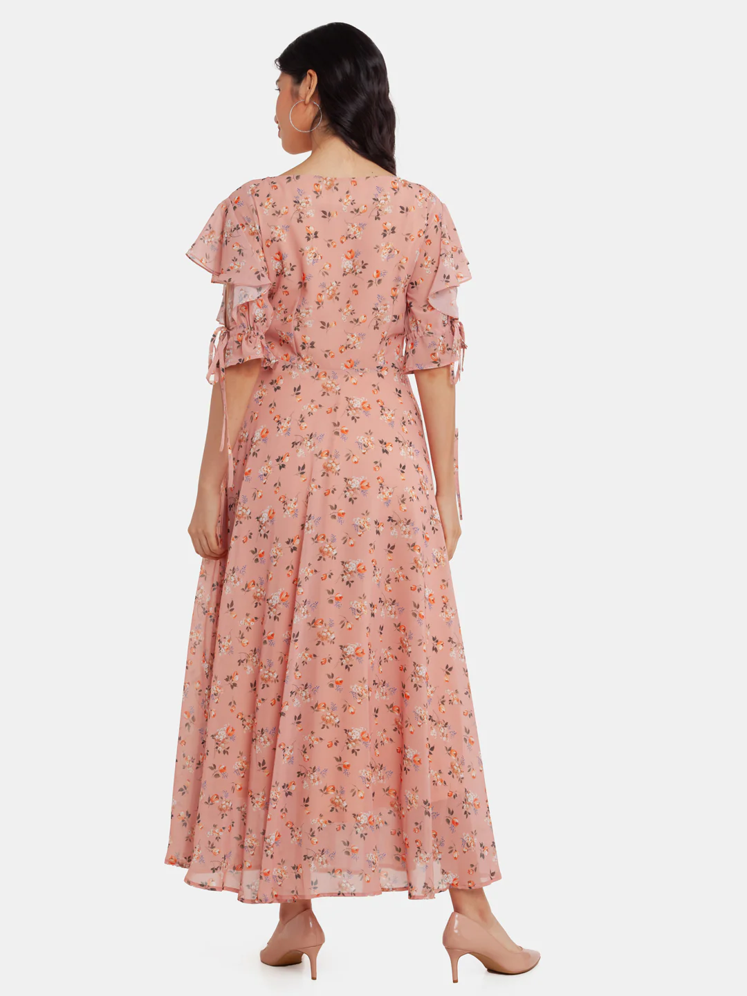 Beige Printed Flared Sleeve Maxi Dress - Image 4