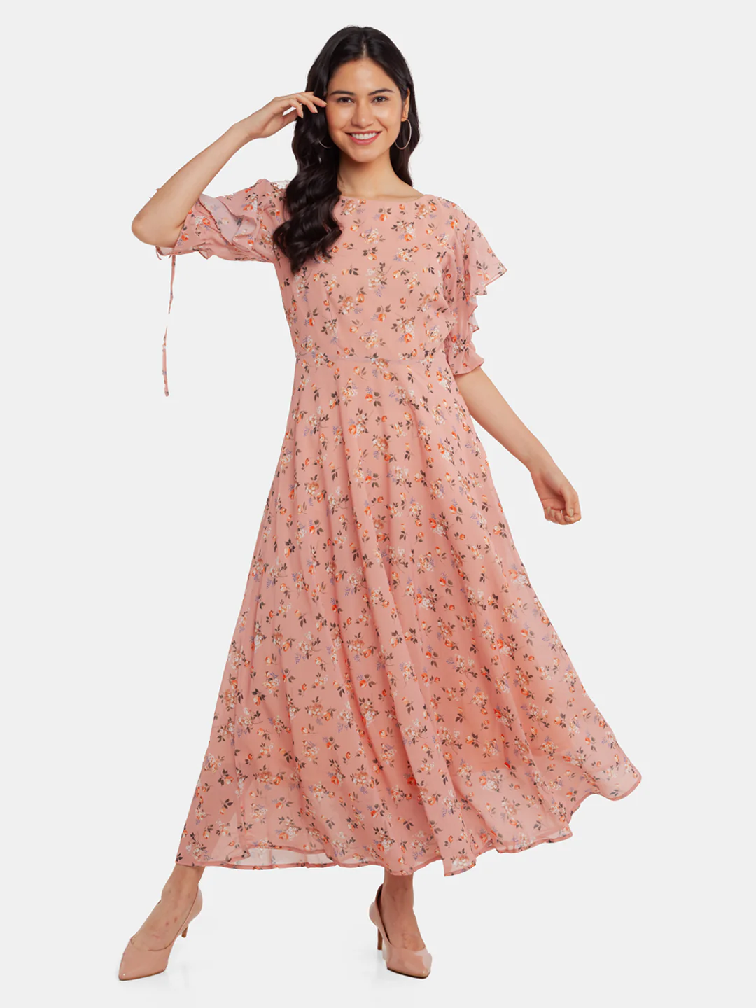 Beige Printed Flared Sleeve Maxi Dress - Image 5