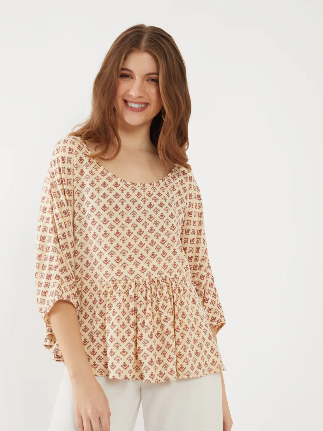 Beige Printed Flared Sleeve Top - Image 2