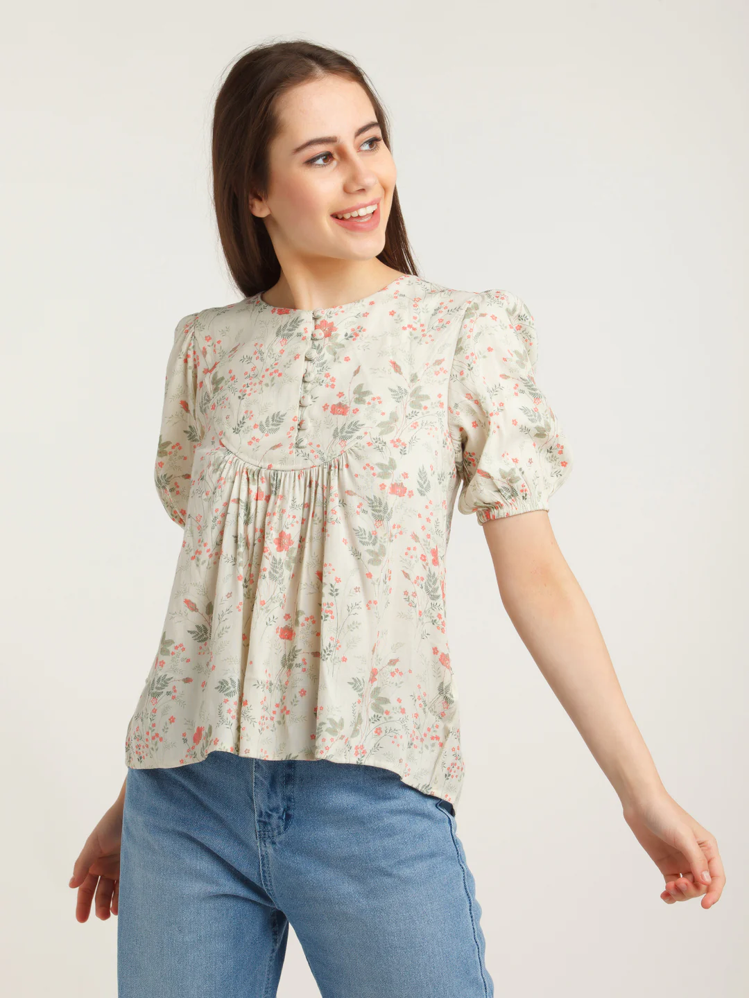 Beige Printed Gathered Top - Image 2