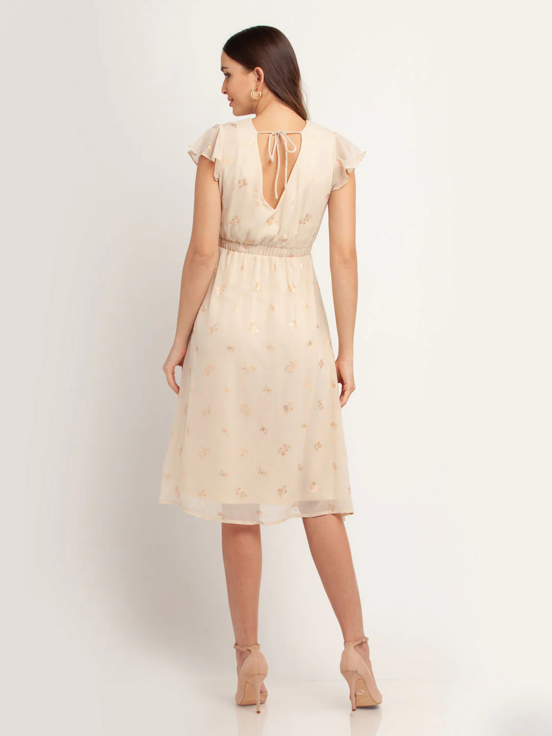 Beige Printed Ruffled Midi Dress - Image 4