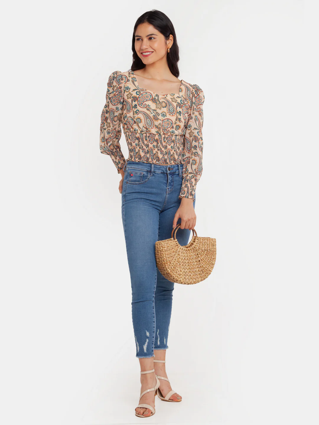 Beige Printed Smocking Top - Image 2