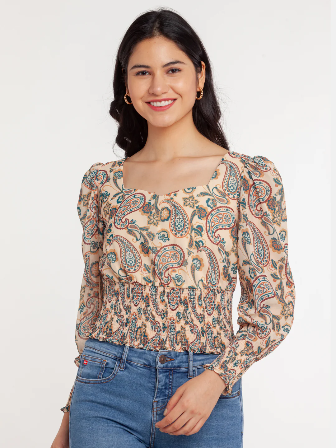 Beige Printed Smocking Top - Image 3