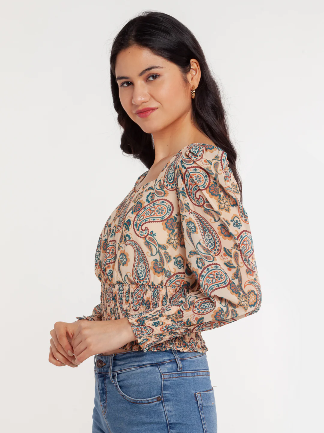 Beige Printed Smocking Top - Image 4