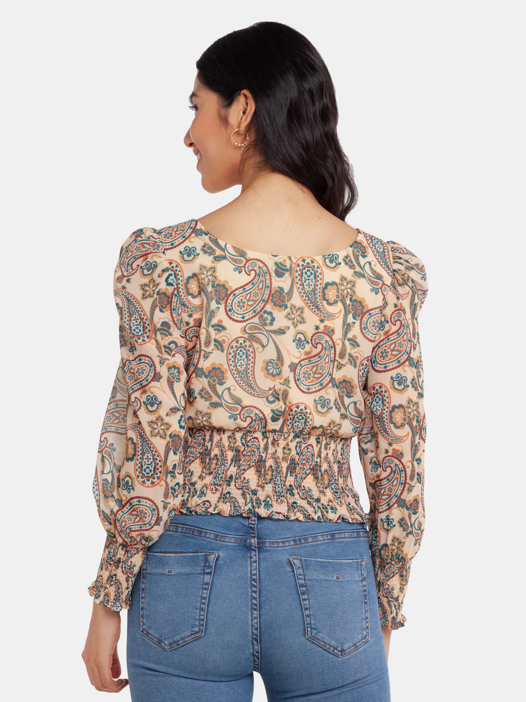 Beige Printed Smocking Top - Image 5