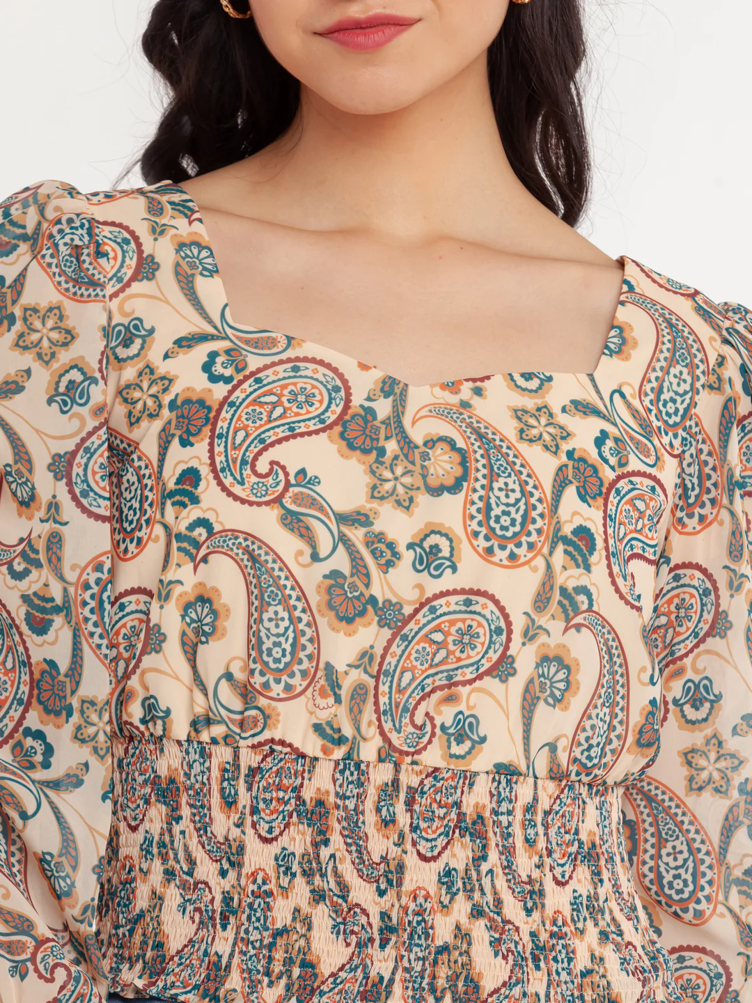 Beige Printed Smocking Top - Image 6