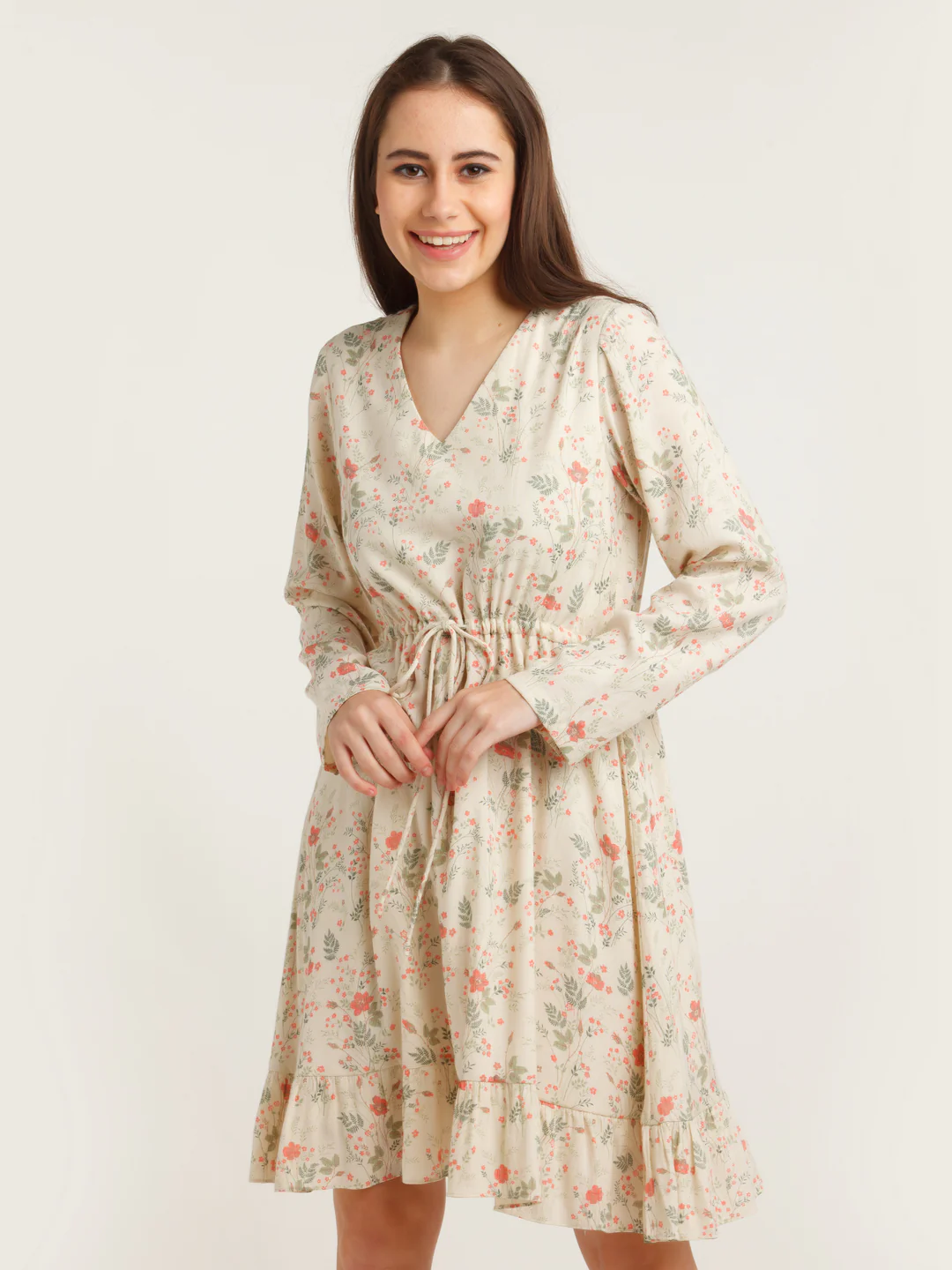 Beige Printed Tie-Up Short Dress - Image 2
