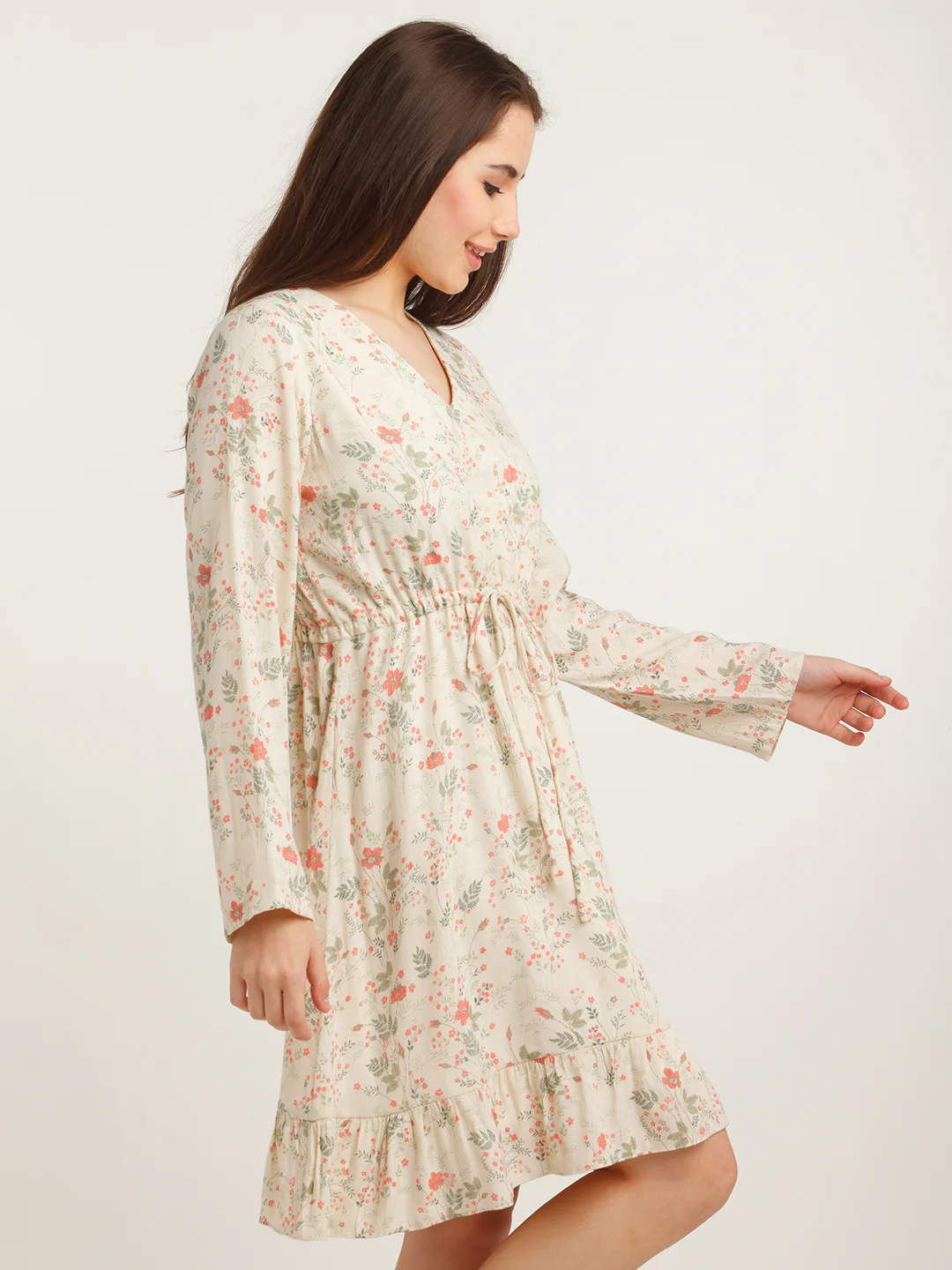 Beige Printed Tie-Up Short Dress - Image 3