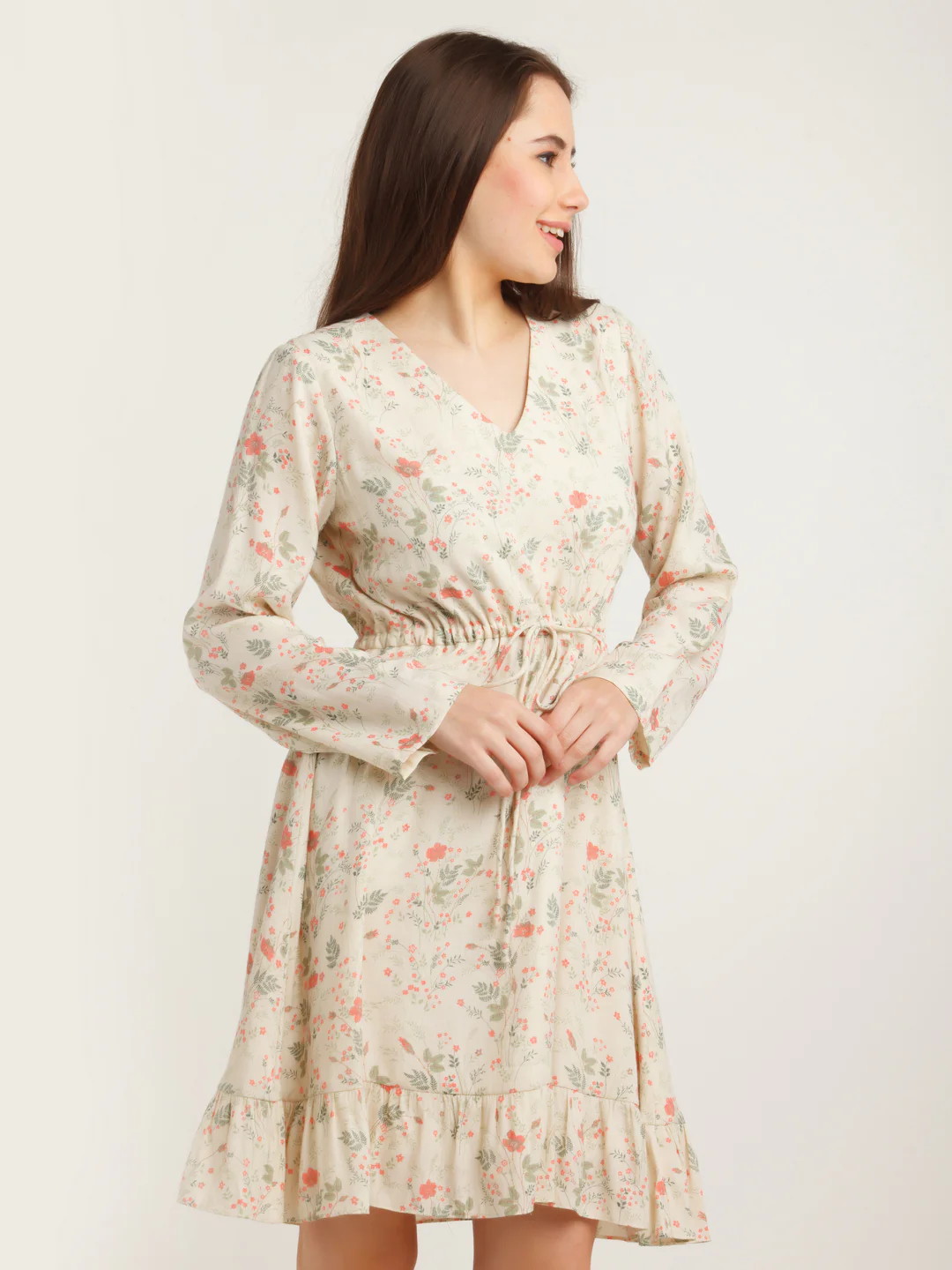 Beige Printed Tie-Up Short Dress - Image 7