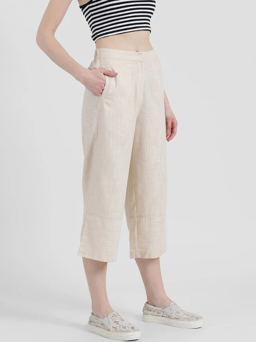 Off White Solid Wide Leg Palazzo - Image 3