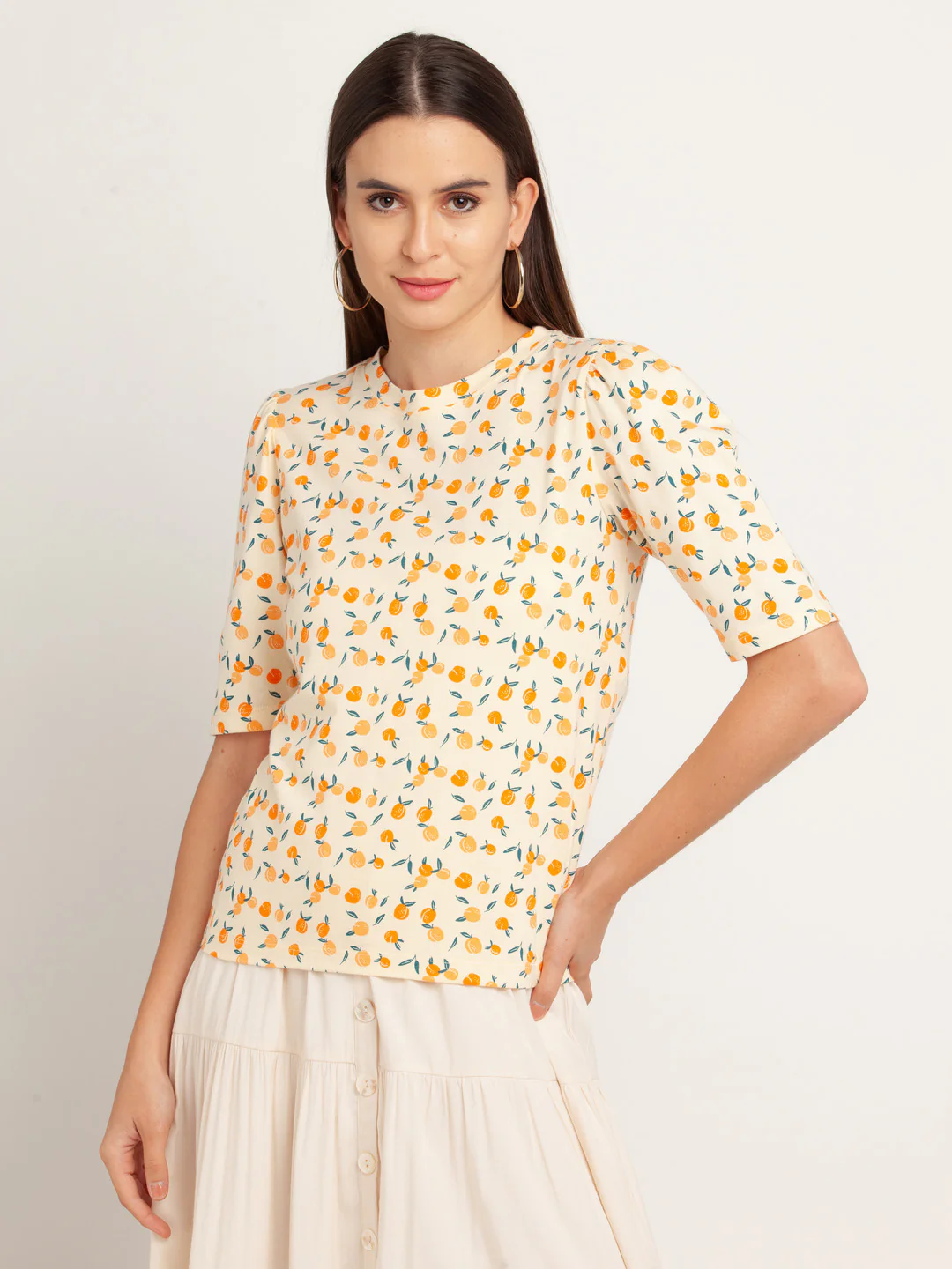 Beige Solid Short Sleeves Top - Image 2