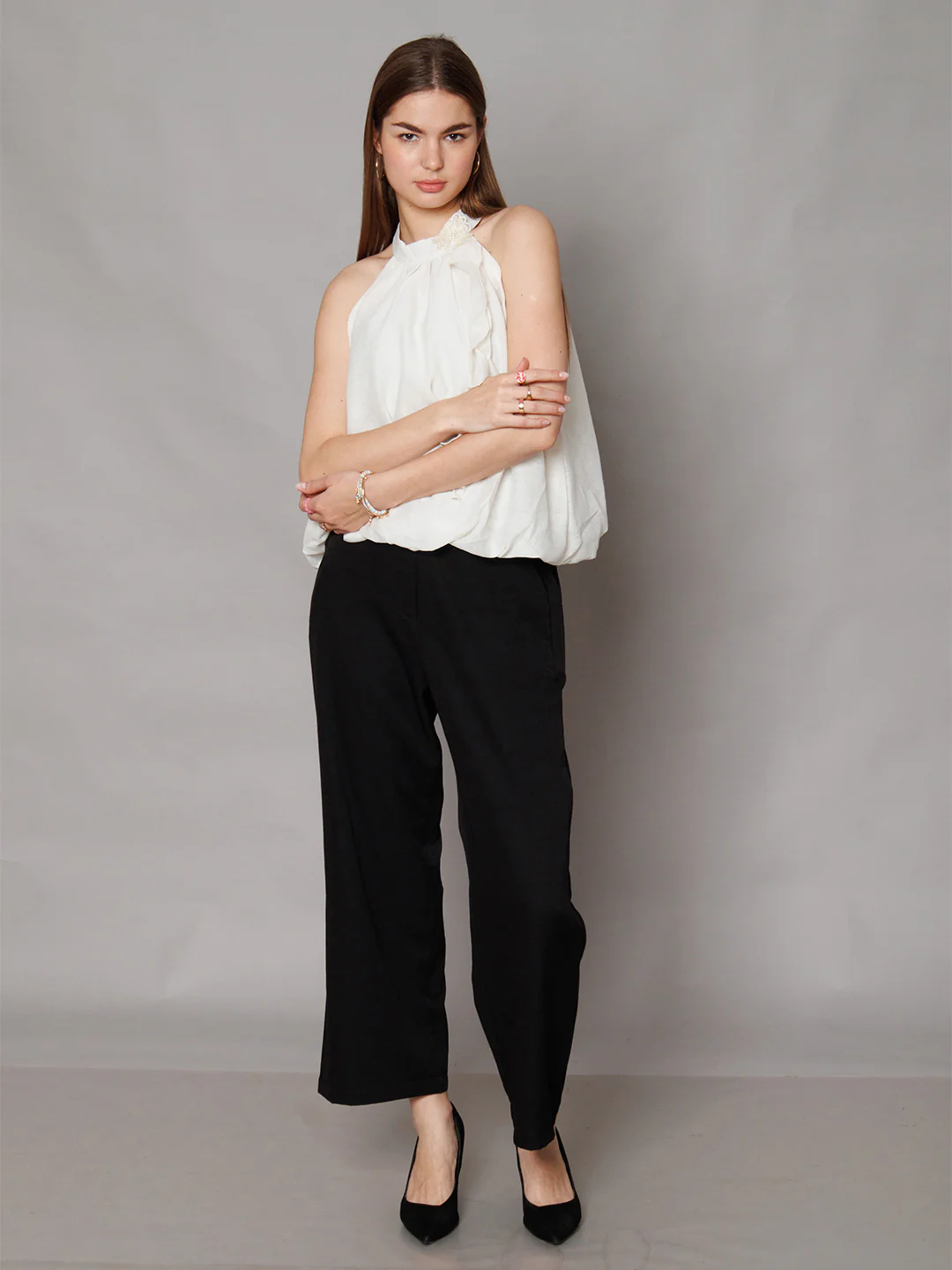 Beige Solid Straight Fit Crop Top