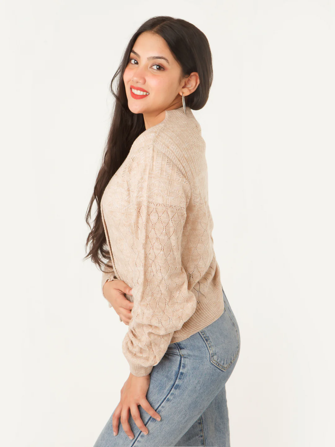Beige Solid Sweater - Image 3