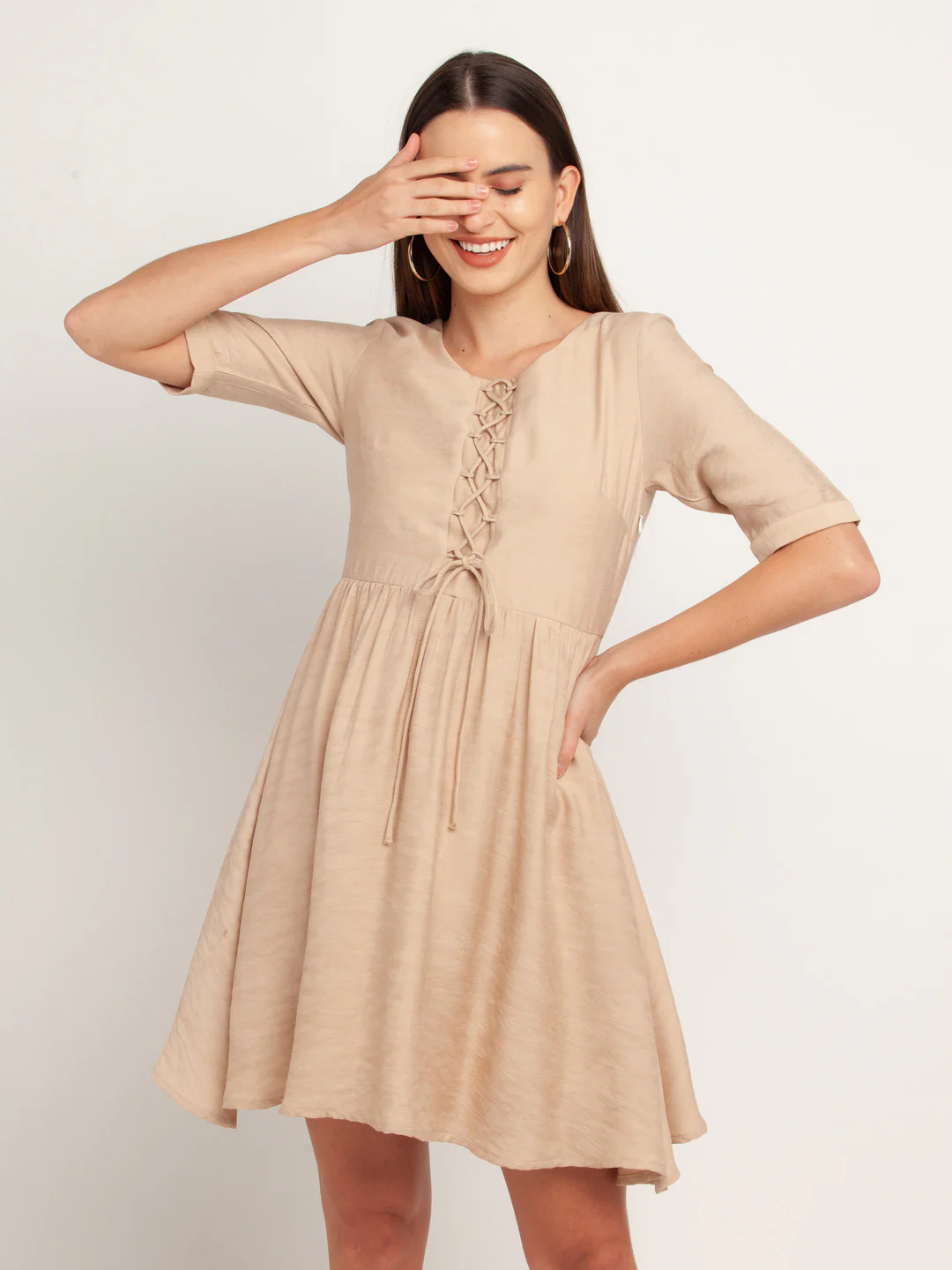 Beige Solid Tie-Up Short Dress - Image 2