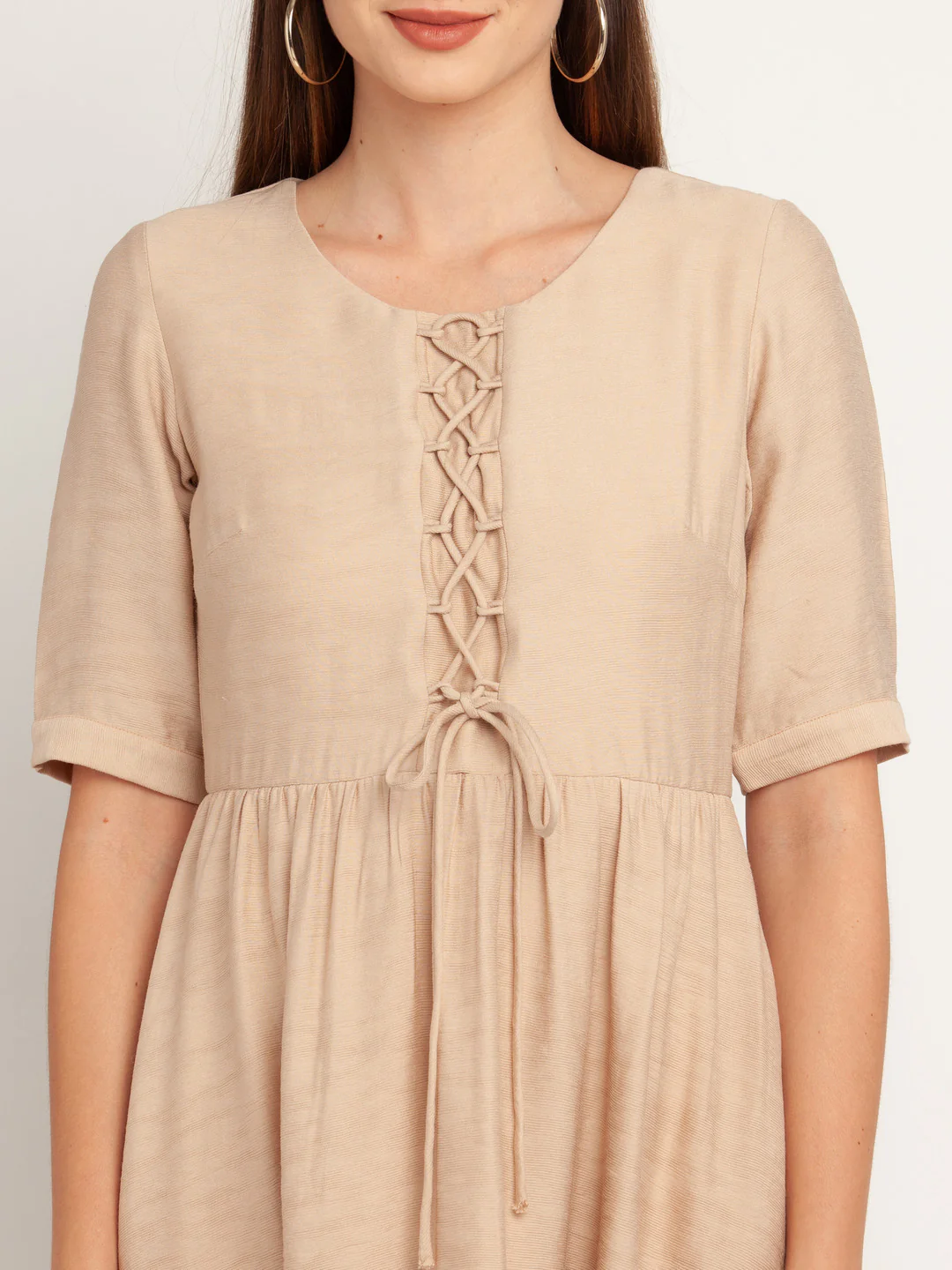 Beige Solid Tie-Up Short Dress - Image 6