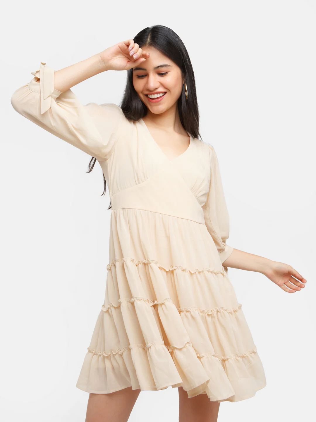 Beige Solid Tiered Short Dress