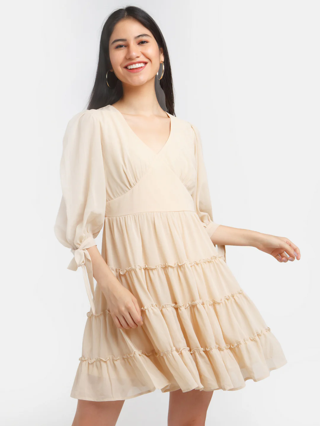 Beige Solid Tiered Short Dress - Image 2