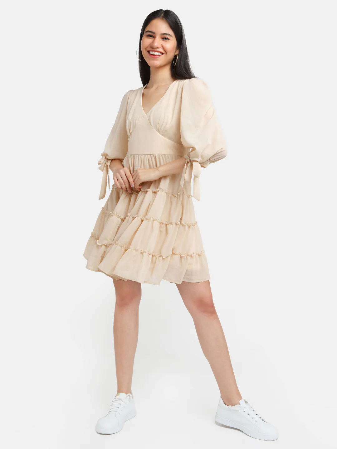 Beige Solid Tiered Short Dress - Image 5