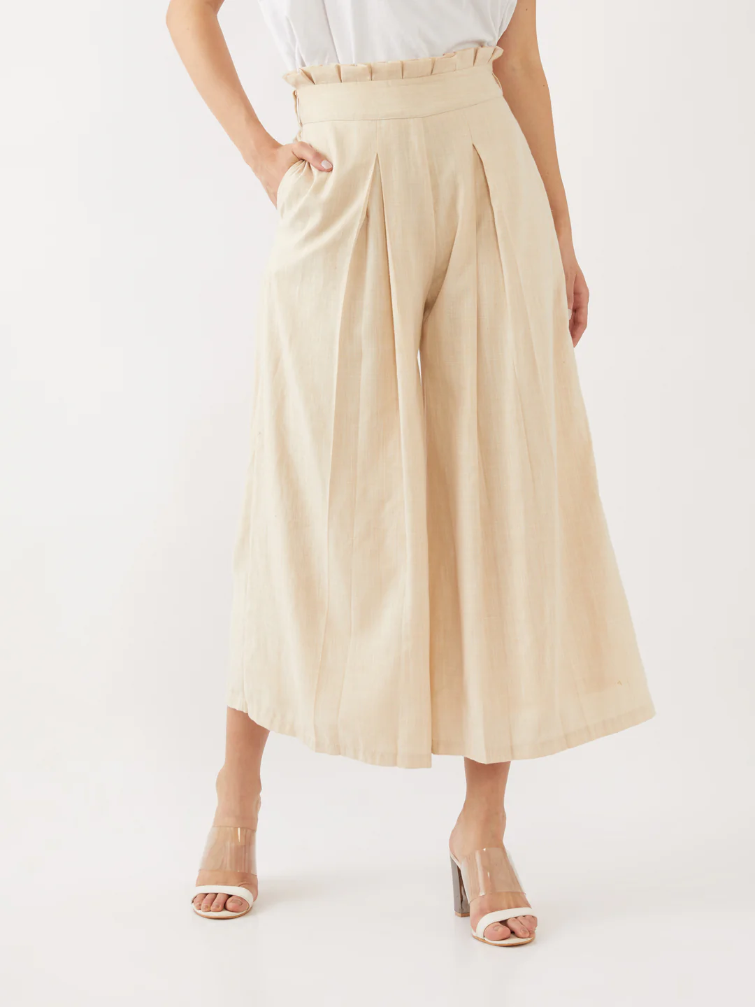 Beige Solid Trousers - Image 2