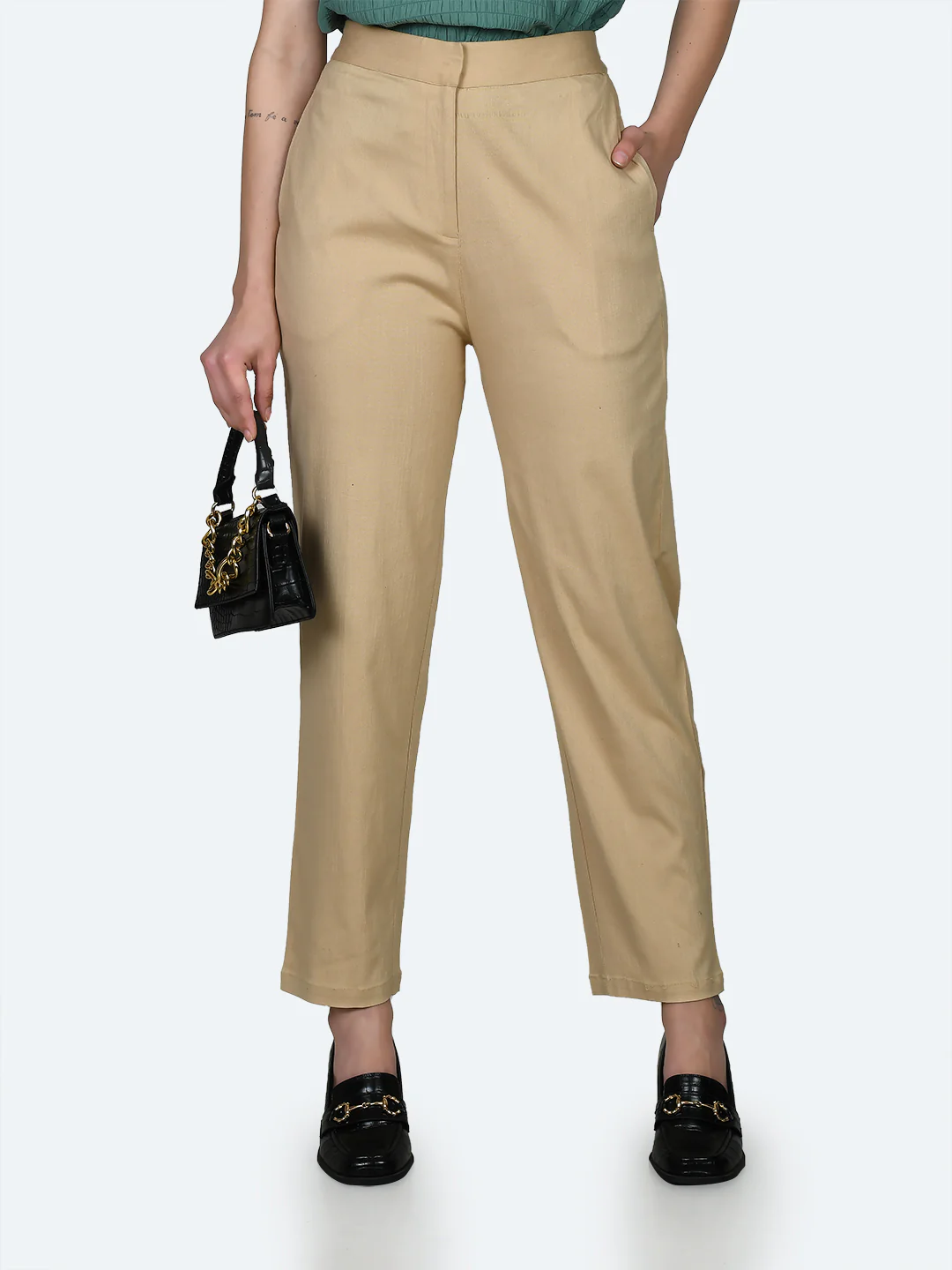 Beige Solid Trousers - Image 2