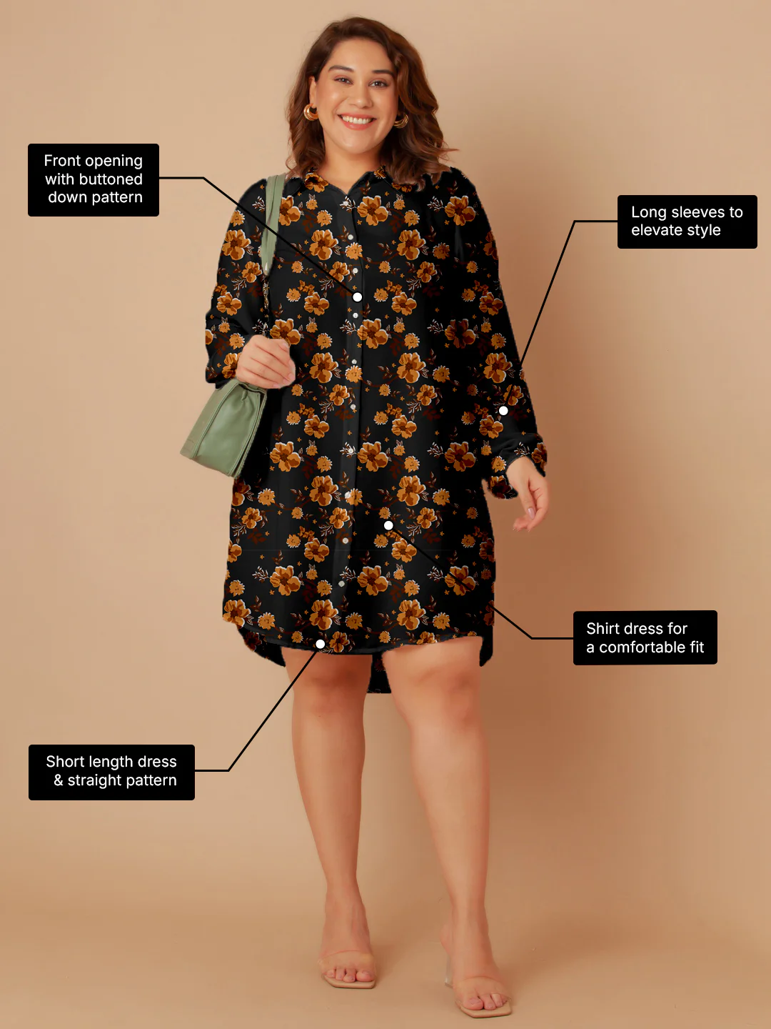 Black & Brown Floral Print Buttoned Long Shirt - Image 3
