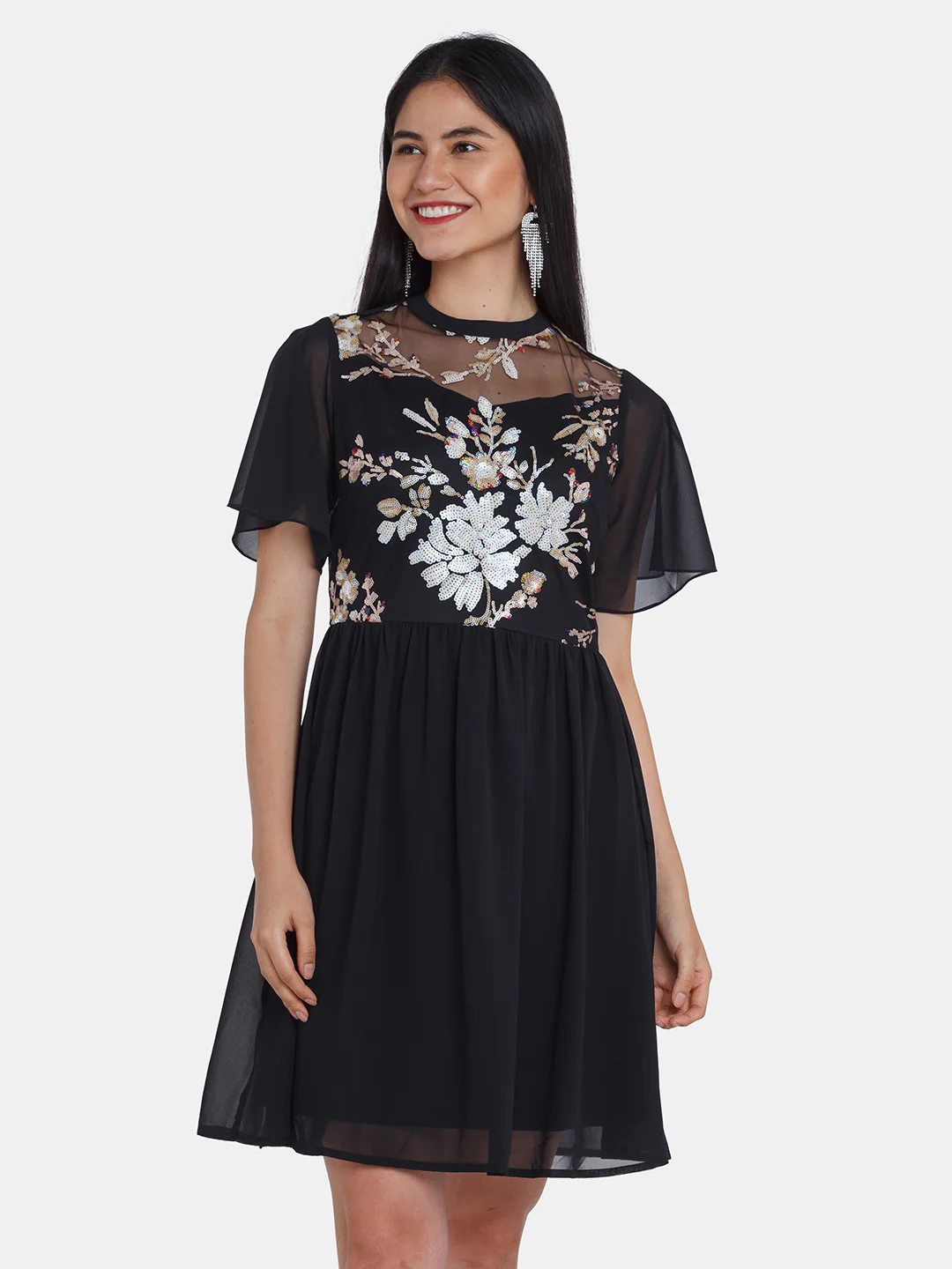 Black Embellished Flared Sleeve Short Dress - Image 2