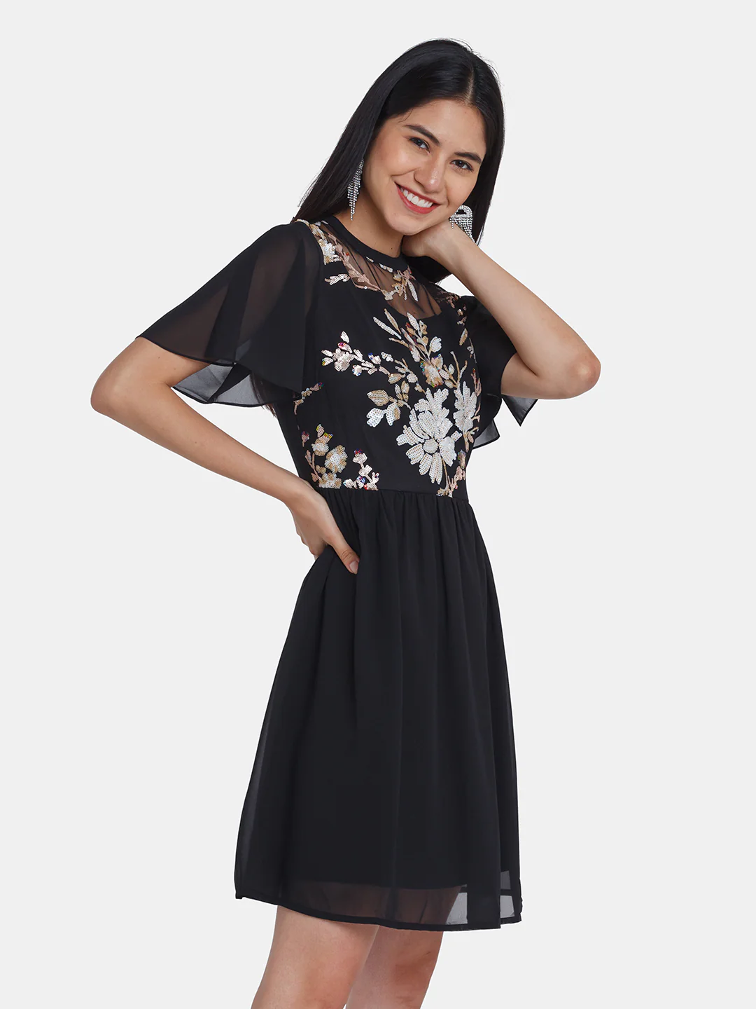 Black Embellished Flared Sleeve Short Dress - Image 3