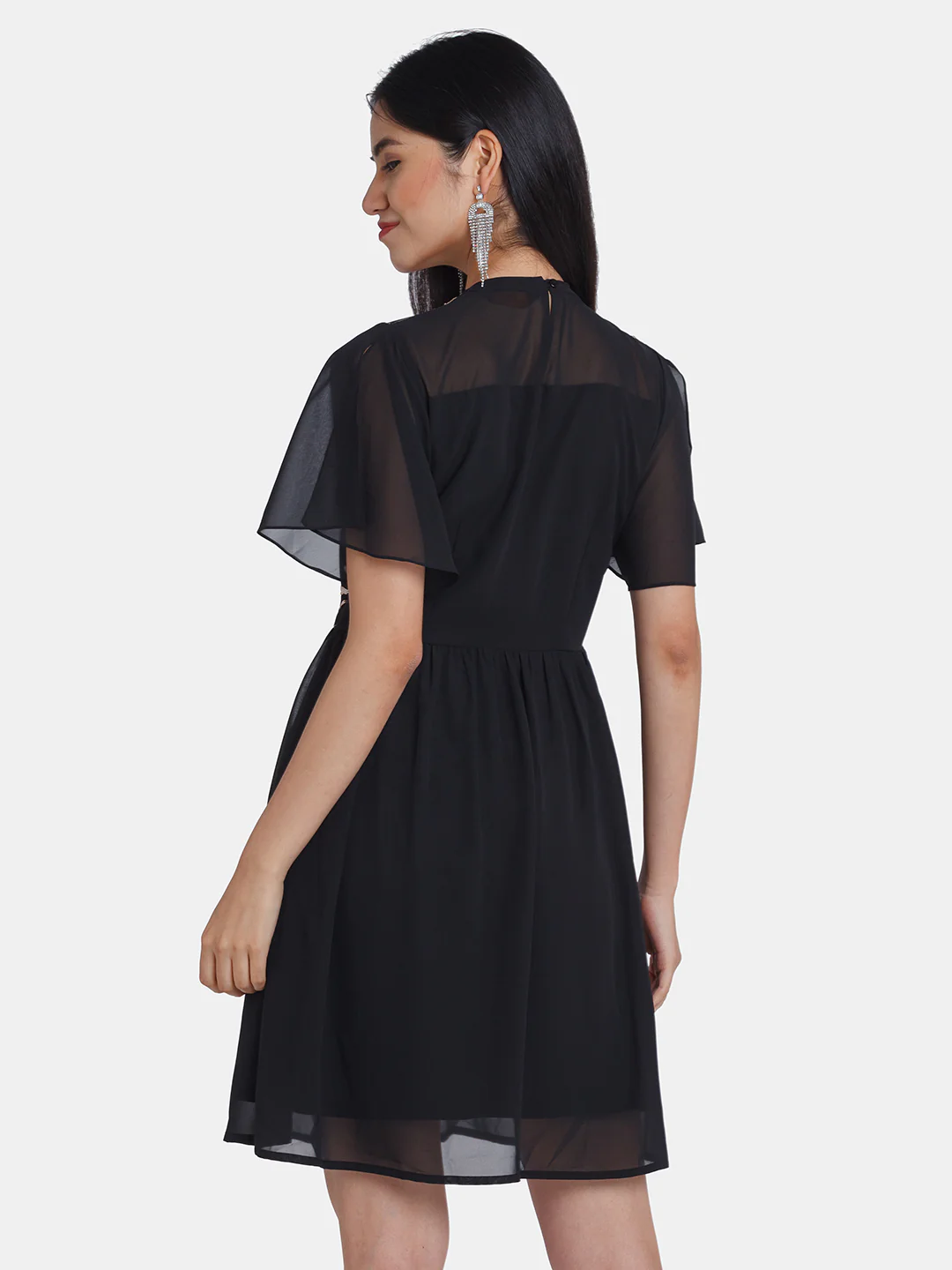 Black Embellished Flared Sleeve Short Dress - Image 4