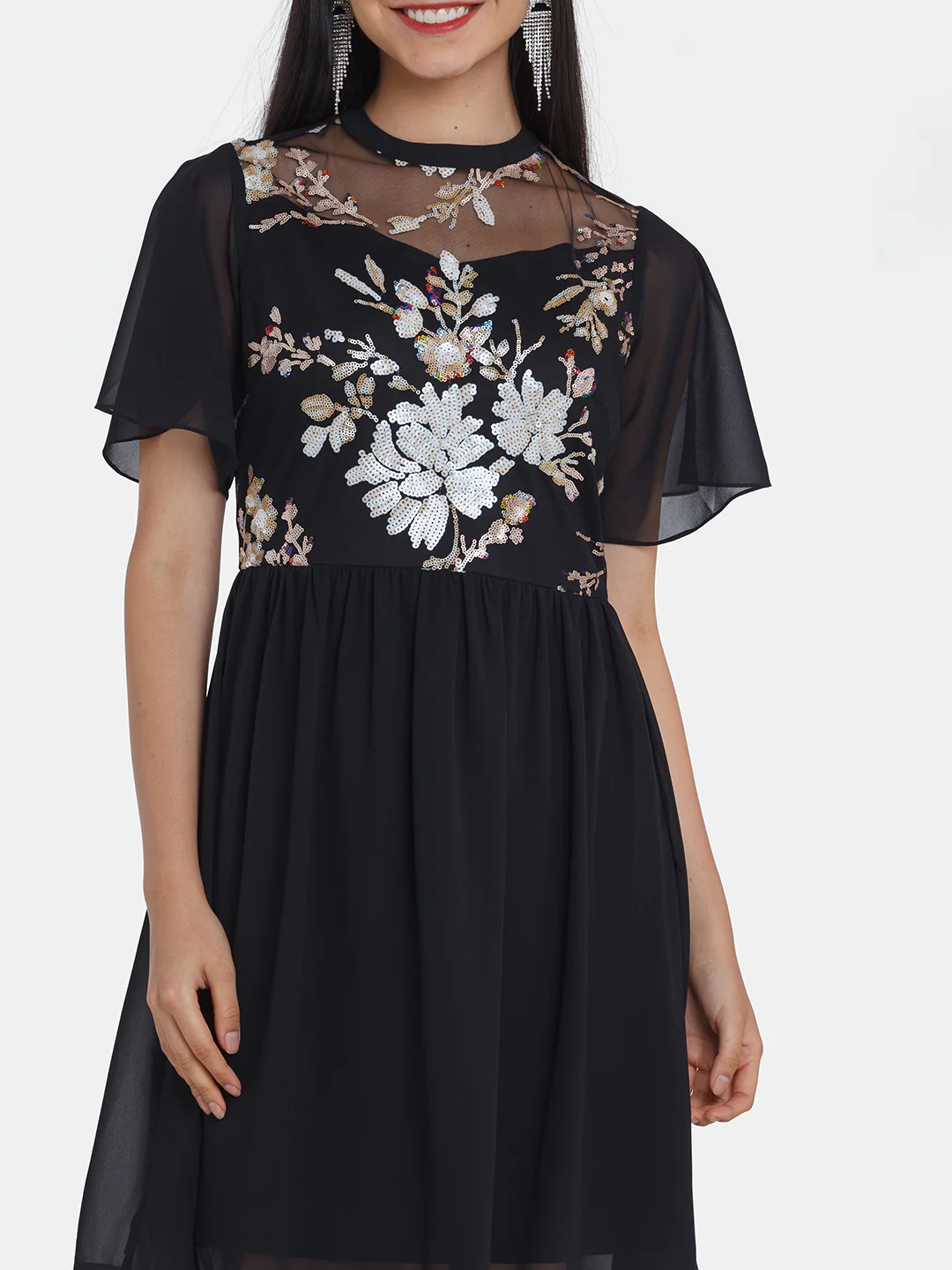 Black Embellished Flared Sleeve Short Dress - Image 6
