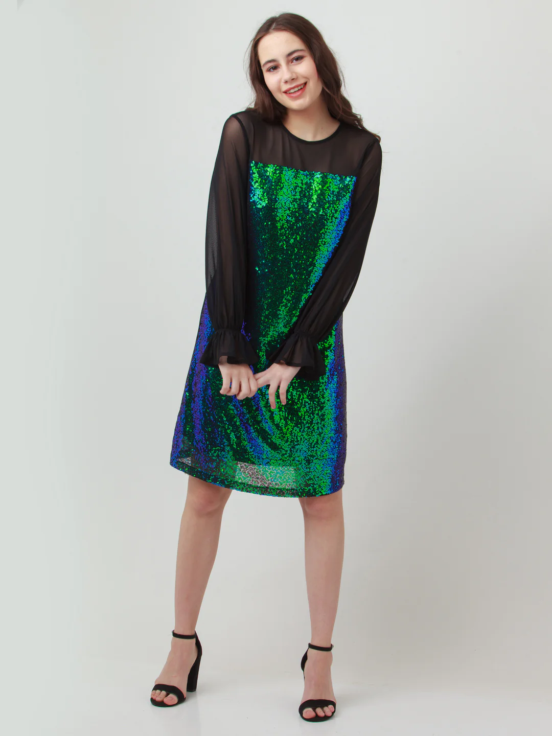 Black Embellished Puff Sleeve Short Dress