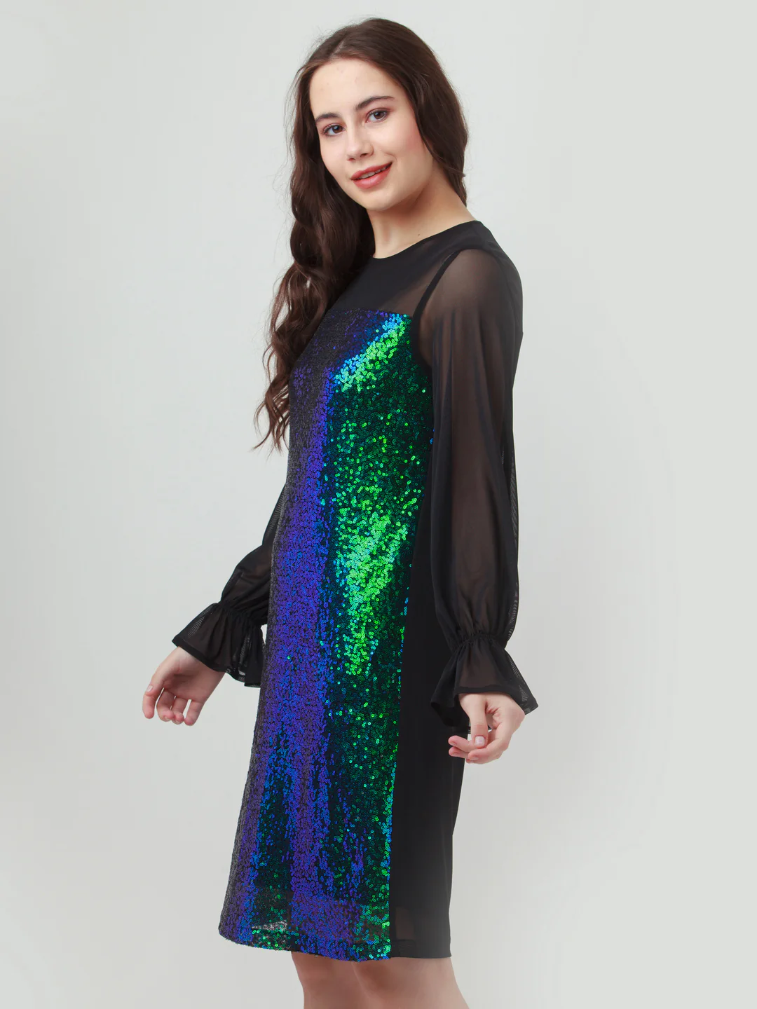 Black Embellished Puff Sleeve Short Dress - Image 3