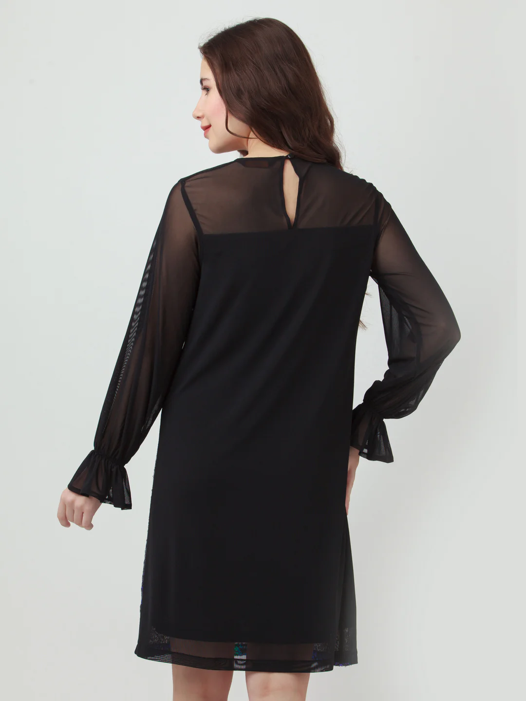 Black Embellished Puff Sleeve Short Dress - Image 4